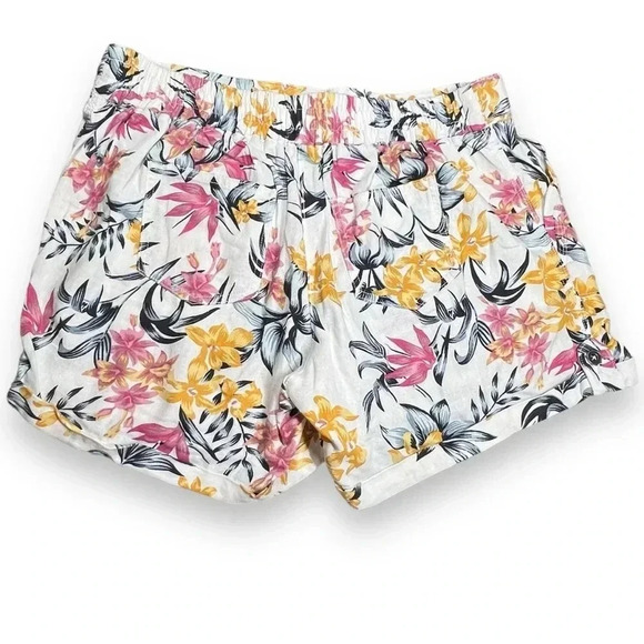 Per Se Tropical Floral Print Linen Shorts Stretch Waist Drawstring Tie Large - Picture 2 of 9